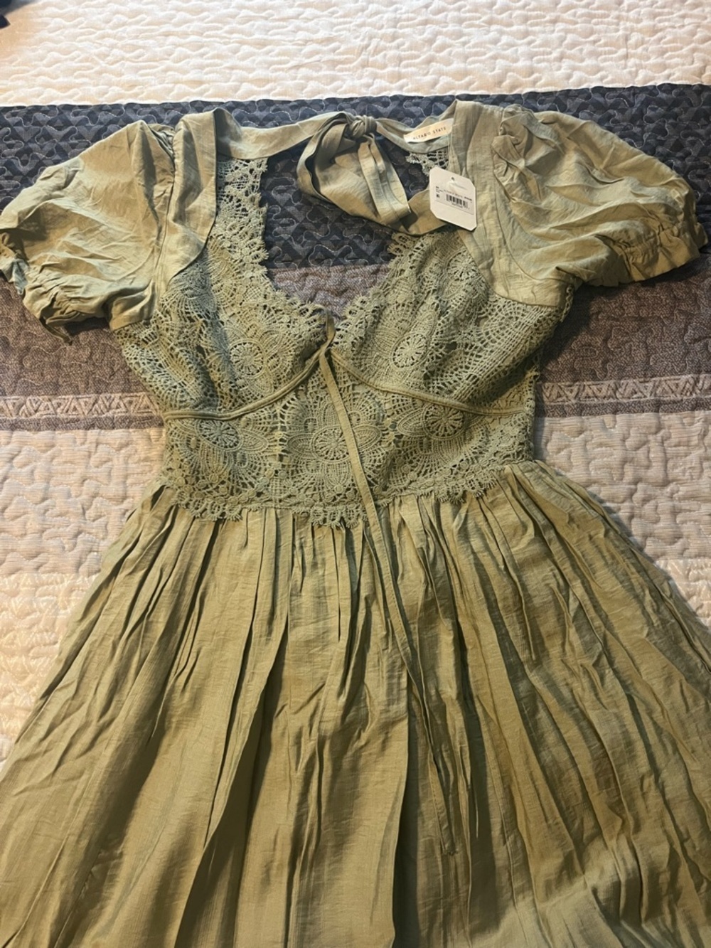 Light Olive Green Crochet Bodice Midi Dress